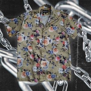 Men's satin champagne gold floral print button up